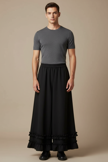 Pantalon Jupe Noir Ample Volants Plissés Fluide - Polyester