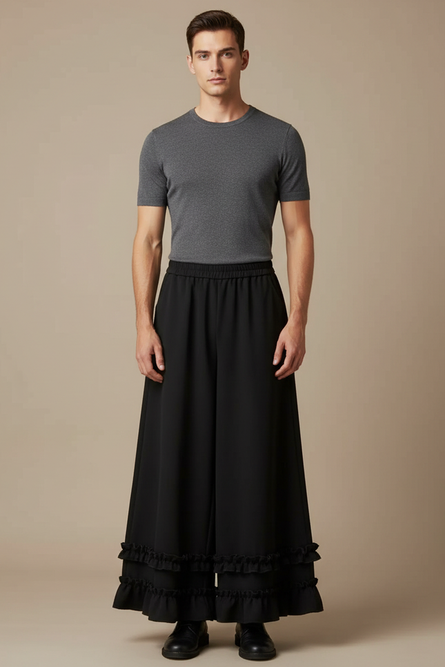 Pantalon Jupe Noir Ample Volants Plissés Fluide - Polyester