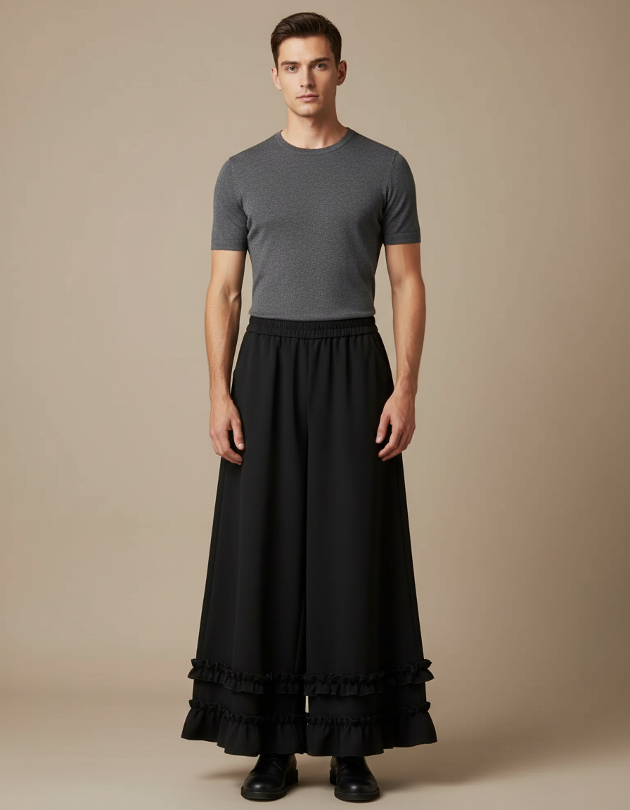 Pantalon Jupe Noir Ample Volants Plissés Fluide - Polyester