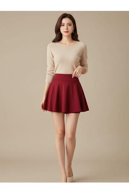 Pantalon Jupe Rouge Mini Évasée Élégante Décontractée - Bordeaux Polyester
