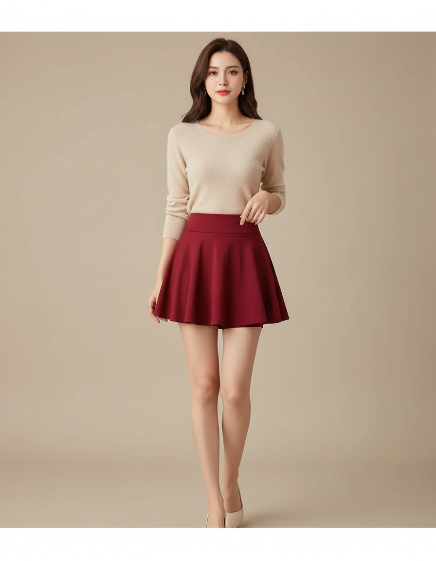 Pantalon Jupe Rouge Mini Évasée Élégante Décontractée - Bordeaux Polyester