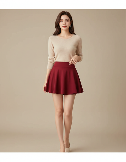 Pantalon Jupe Rouge Mini Évasée Élégante Décontractée - Bordeaux Polyester