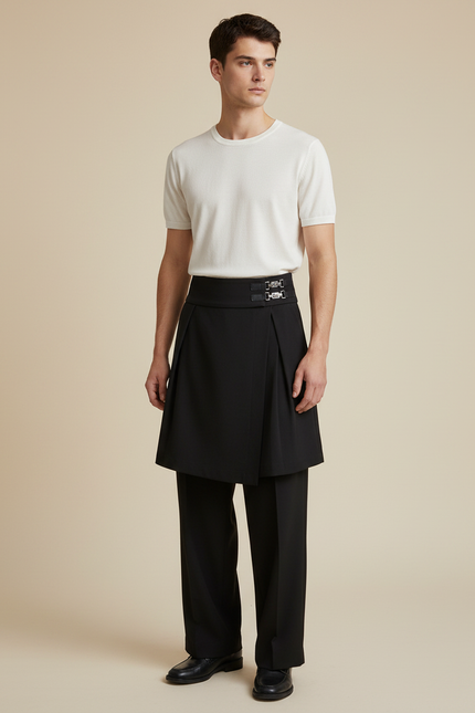 Pantalon Jupe Noir Plissé Superposé Élégant Homme - Polyester