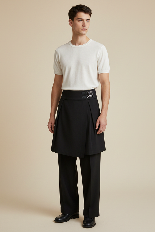 Pantalon Jupe Noir Plissé Superposé Élégant Homme - Polyester