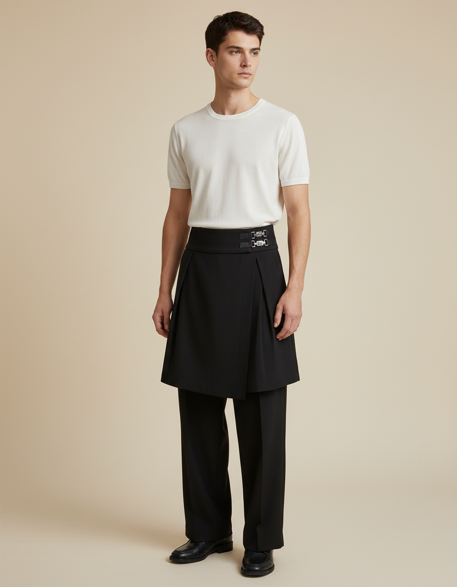 Pantalon Jupe Noir Plissé Superposé Élégant Homme - Polyester