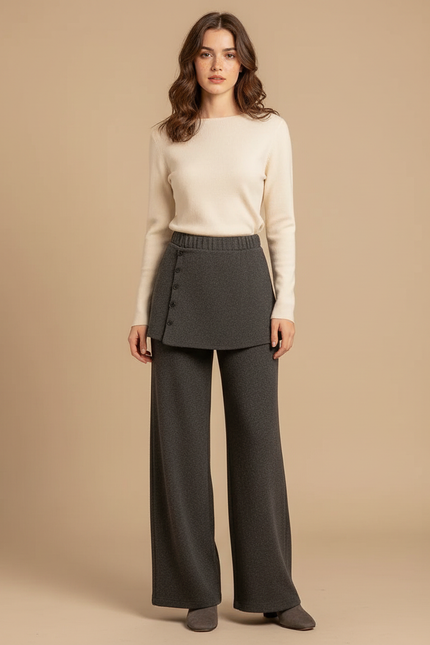 Pantalon Jupe Gris Maille Douce Évasé Boutonné Chic