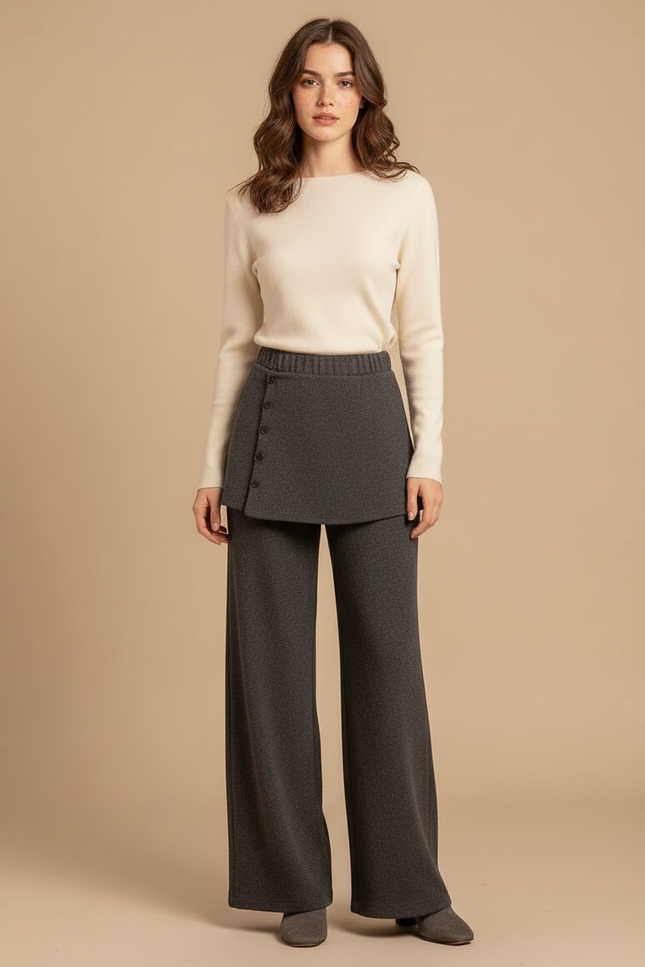 Pantalon Jupe Gris Maille Douce Évasé Boutonné Chic