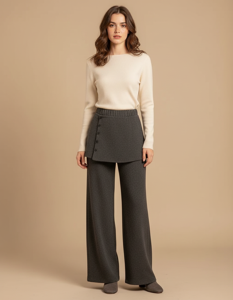 Pantalon Jupe Gris Maille Douce Évasé Boutonné Chic