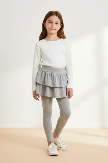 Pantalon Jupe Gris Volants Superposés Confortable Enfant - Molleton