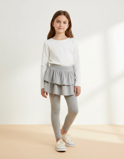 Pantalon Jupe Gris Volants Superposés Confortable Enfant - Molleton
