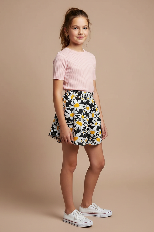 Pantalon Jupe Noir Fleuri Ample Fille Moderne - Imprimé Polyester