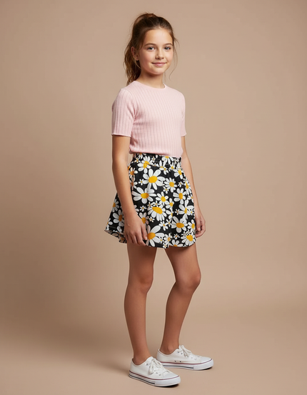 Pantalon Jupe Noir Fleuri Ample Fille Moderne - Imprimé Polyester