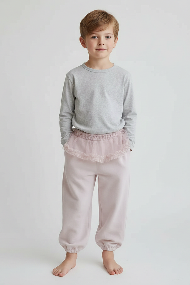 Pantalon Jupe Rose Pâle Volants Dentelle Enfant - Molleton