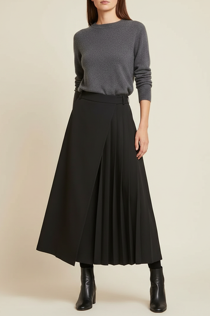 Pantalon Jupe Noir Plissé Ample Asymétrique Élégant - Polyester