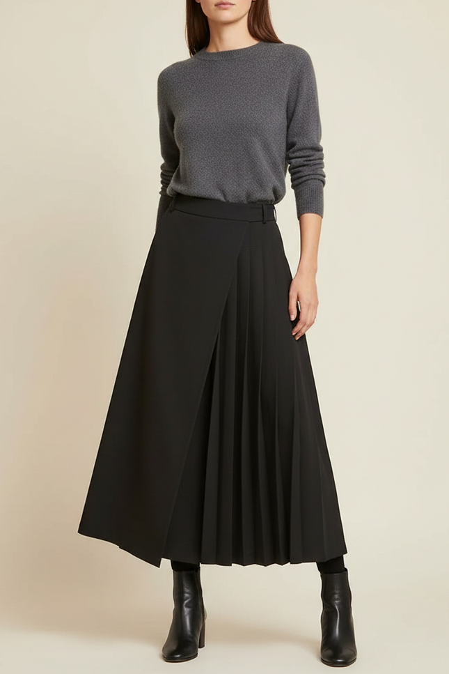 Pantalon Jupe Noir Plissé Ample Asymétrique Élégant - Polyester