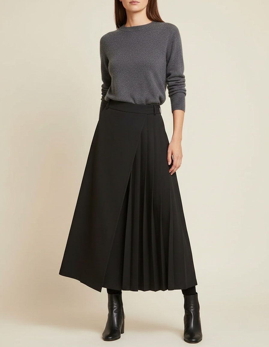 Pantalon Jupe Noir Plissé Ample Asymétrique Élégant - Polyester