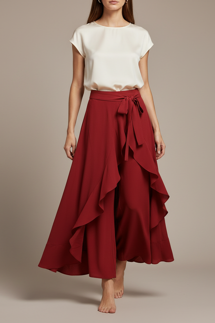 Pantalon Jupe Rouge Fluide Volants Ceinturé Élégant - Bordeaux Viscose