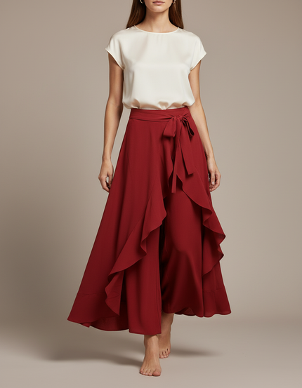 Pantalon Jupe Rouge Fluide Volants Ceinturé Élégant - Bordeaux Viscose