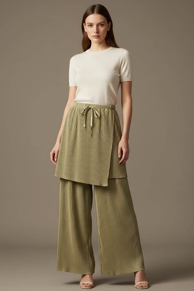 Pantalon Jupe Plissé Vert Olive Ample Drapé Élégant - Maille