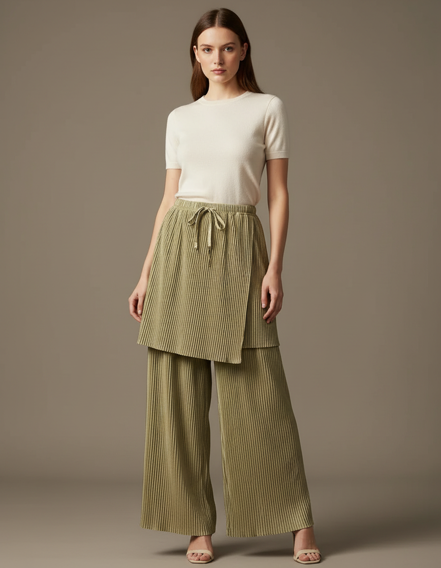Pantalon Jupe Plissé Vert Olive Ample Drapé Élégant - Maille