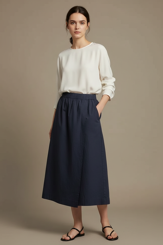 Pantalon Jupe Marine Ample Mi-longue Décontractée Femme - Coton