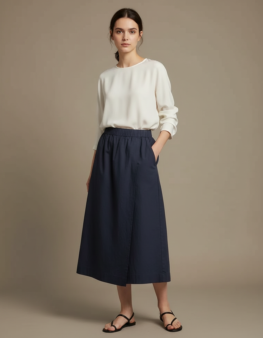 Pantalon Jupe Marine Ample Mi-longue Décontractée Femme - Coton