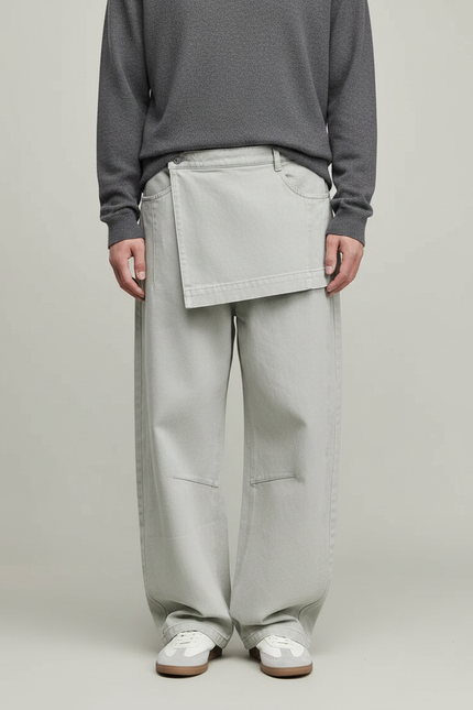 Pantalon Jupe Gris Clair Coton Ample Déstructuré - Jean