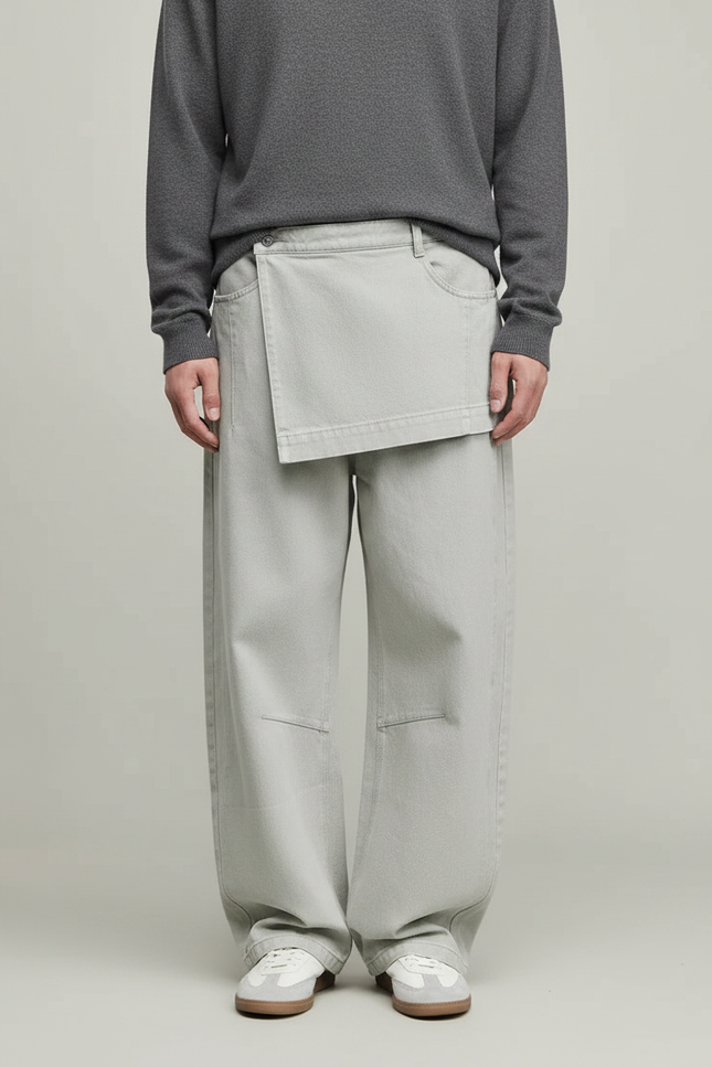 Pantalon Jupe Gris Clair Coton Ample Déstructuré - Jean