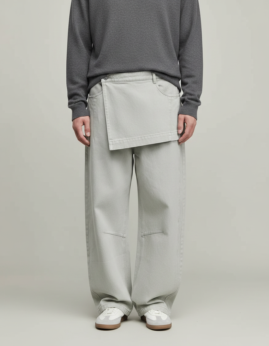 Pantalon Jupe Gris Clair Coton Ample Déstructuré - Jean
