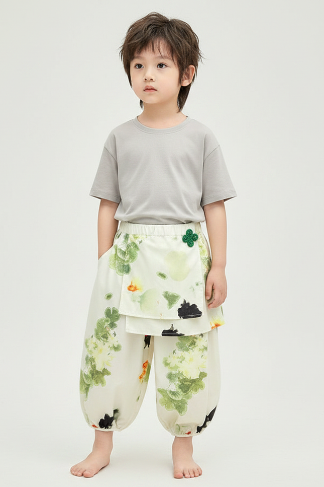 Pantalon Jupe Blanc Floral Ample Enfant Superposé - Imprimé Satin