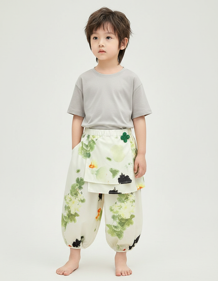 Pantalon Jupe Blanc Floral Ample Enfant Superposé - Imprimé Satin