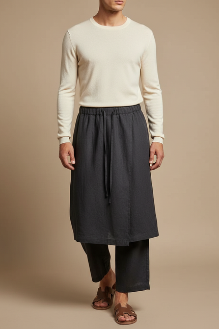 Pantalon Jupe Gris Lin Drapé Ample Homme