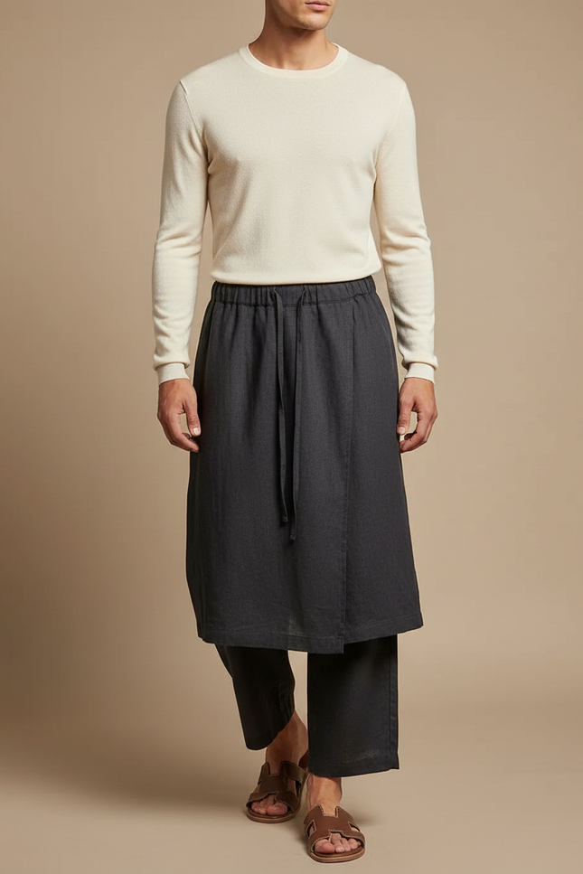Pantalon Jupe Gris Lin Drapé Ample Homme
