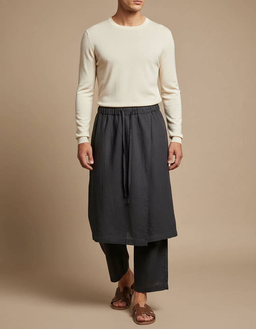 Pantalon Jupe Gris Lin Drapé Ample Homme