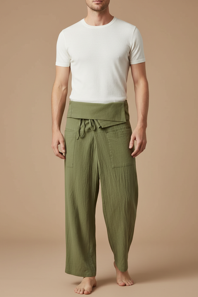 Pantalon Jupe Vert Coton Ample Décontracté Homme - Kaki Lin
