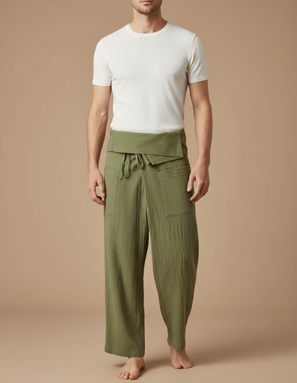 Pantalon Jupe Vert Coton Ample Décontracté Homme - Kaki Lin