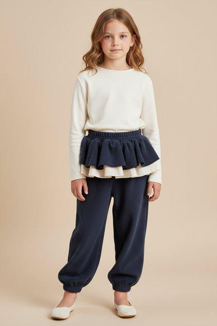 Pantalon Jupe Bleu Marine Volants Superposés Confortable - Molleton