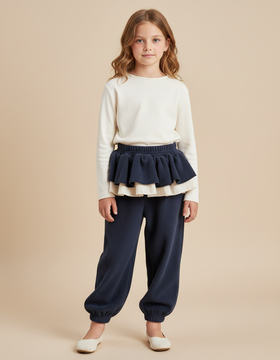 Pantalon Jupe Bleu Marine Volants Superposés Confortable - Molleton