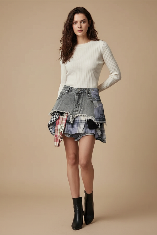 Pantalon Jupe Denim Patchwork Asymétrique Carreaux Effiloché Mini - Multicolore Jean