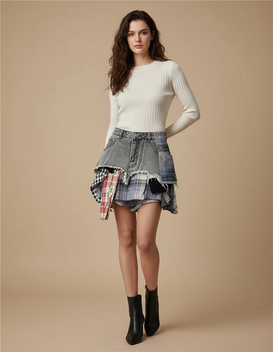 Pantalon Jupe Denim Patchwork Asymétrique Carreaux Effiloché Mini - Multicolore Jean