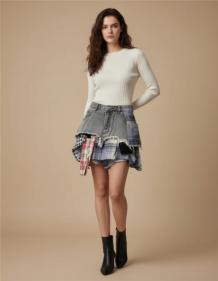 Pantalon Jupe Denim Patchwork Asymétrique Carreaux Effiloché Mini - Multicolore Jean