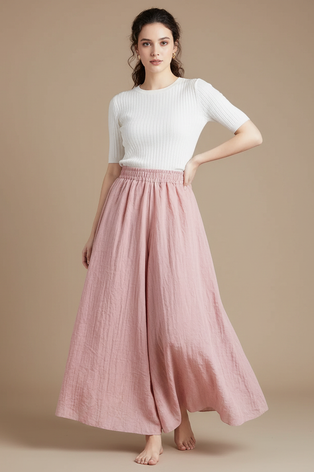 Pantalon Jupe Rose Ample Fluide Coton Élégant - Lin