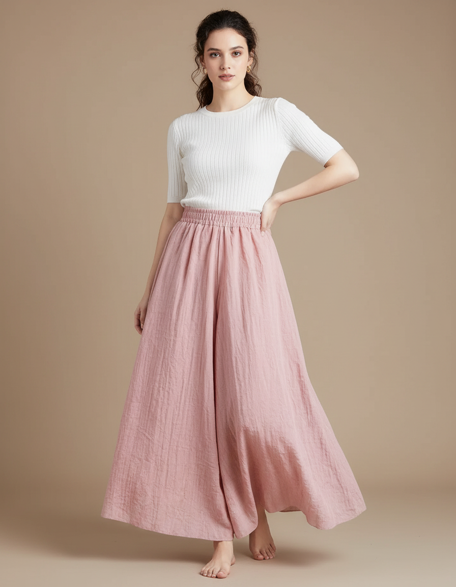 Pantalon Jupe Rose Ample Fluide Coton Élégant - Lin