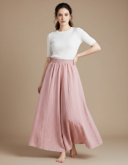 Pantalon Jupe Rose Ample Fluide Coton Élégant - Lin