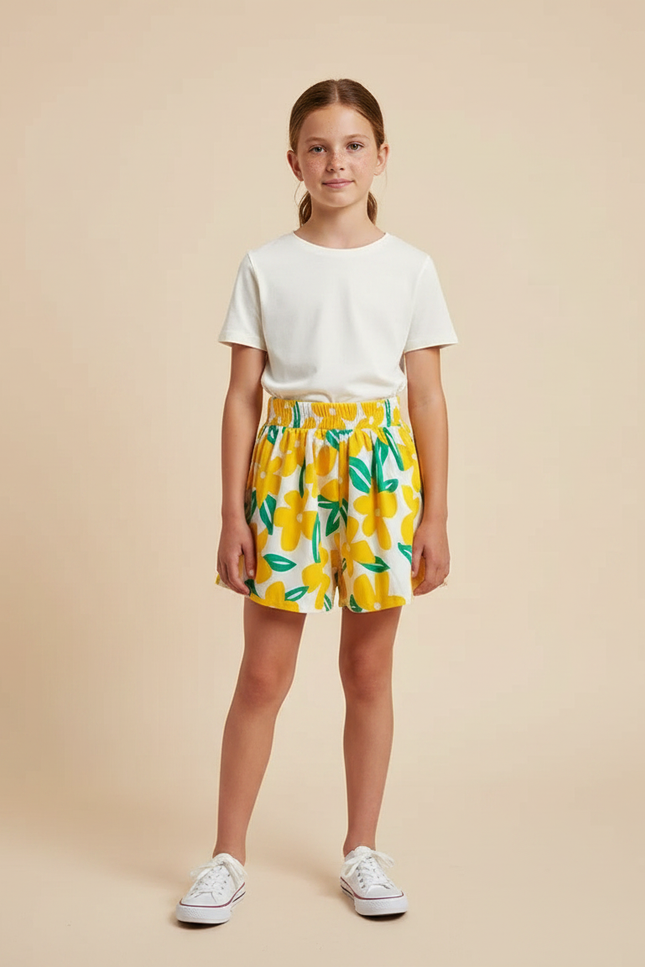 Pantalon Jupe Fleuri Jaune Ample Confortable Fille - Viscose