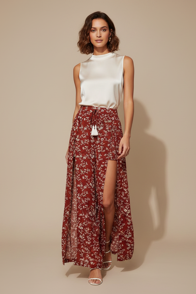 Pantalon Jupe Rouge Floral Fendu Bohème Fluide - Viscose