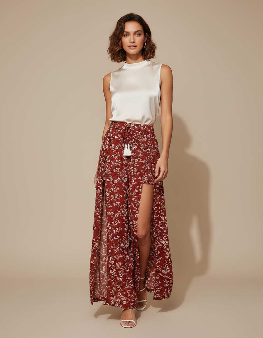 Pantalon Jupe Rouge Floral Fendu Bohème Fluide - Viscose