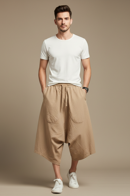 Pantalon Jupe Ample Coton Lin Beige Homme