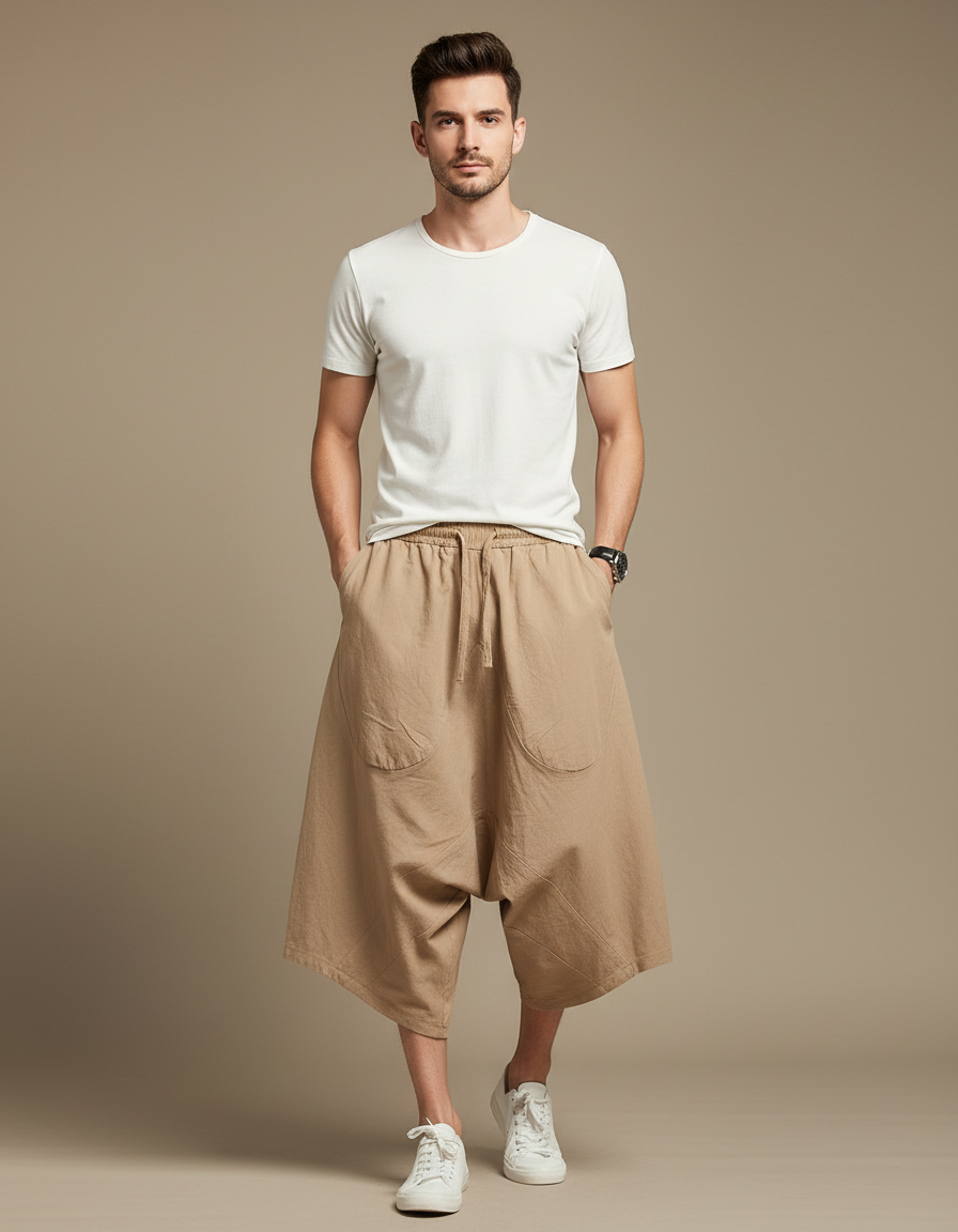 Pantalon Jupe Ample Coton Lin Beige Homme