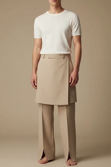 Pantalon Jupe Beige Droit Superposé Élégant Homme - Gabardine